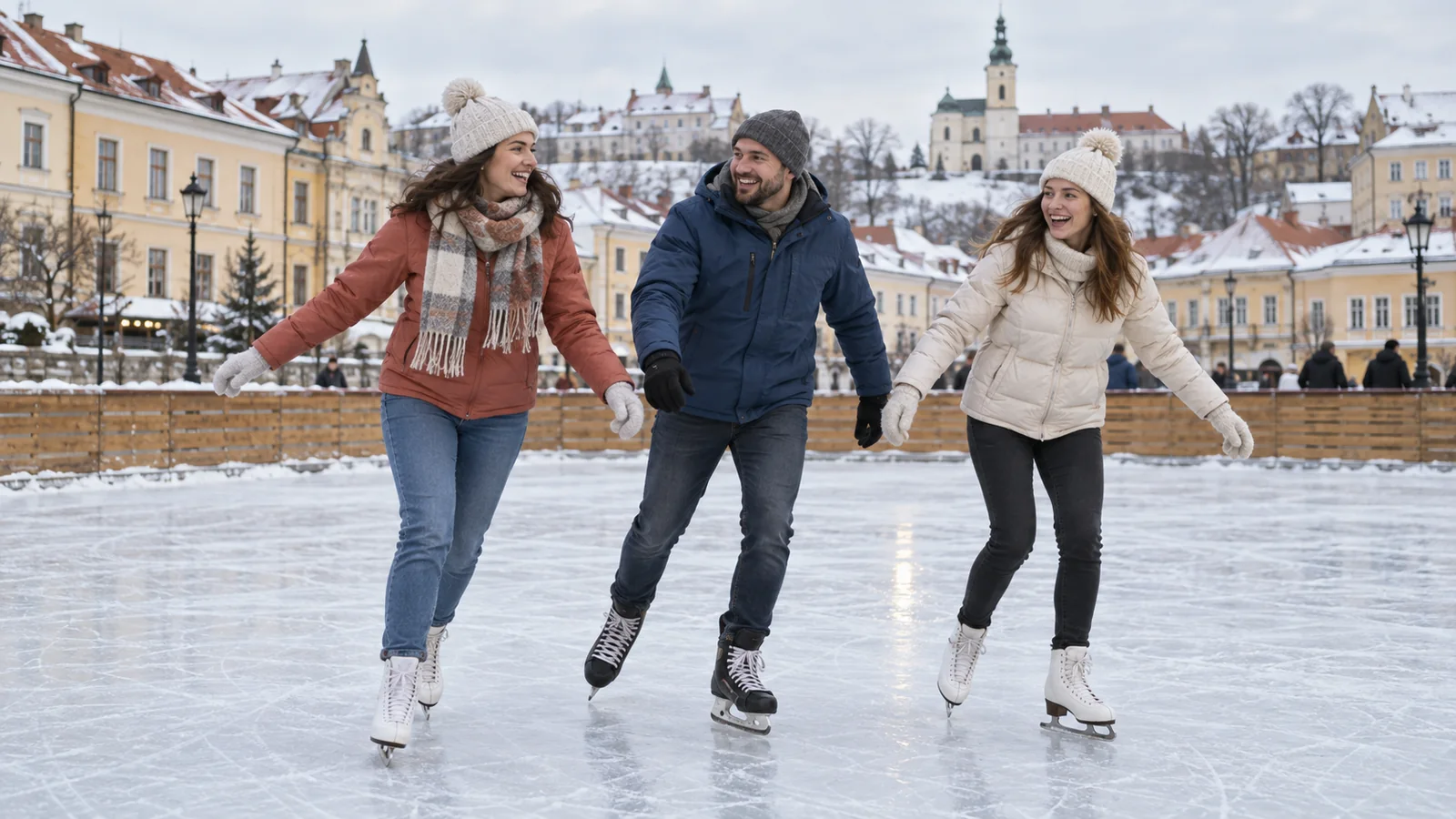 Friends skating in Grodno with the old town in the background